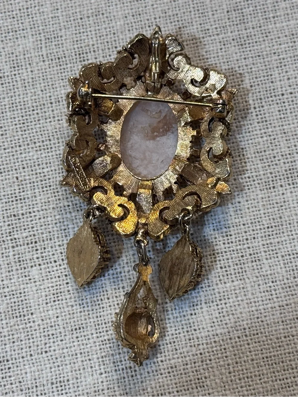 Vintage Florenza Translucent Cameo Dangle Brooch Gold Tone Faux Pearl Rhinestone